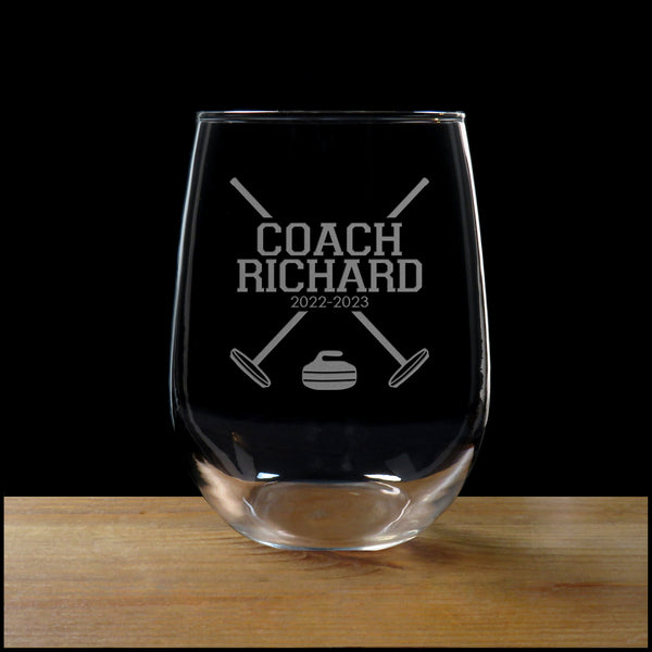 Curling Coach Stemless Wine Glass - With Year s - Copyright Hues in Glass