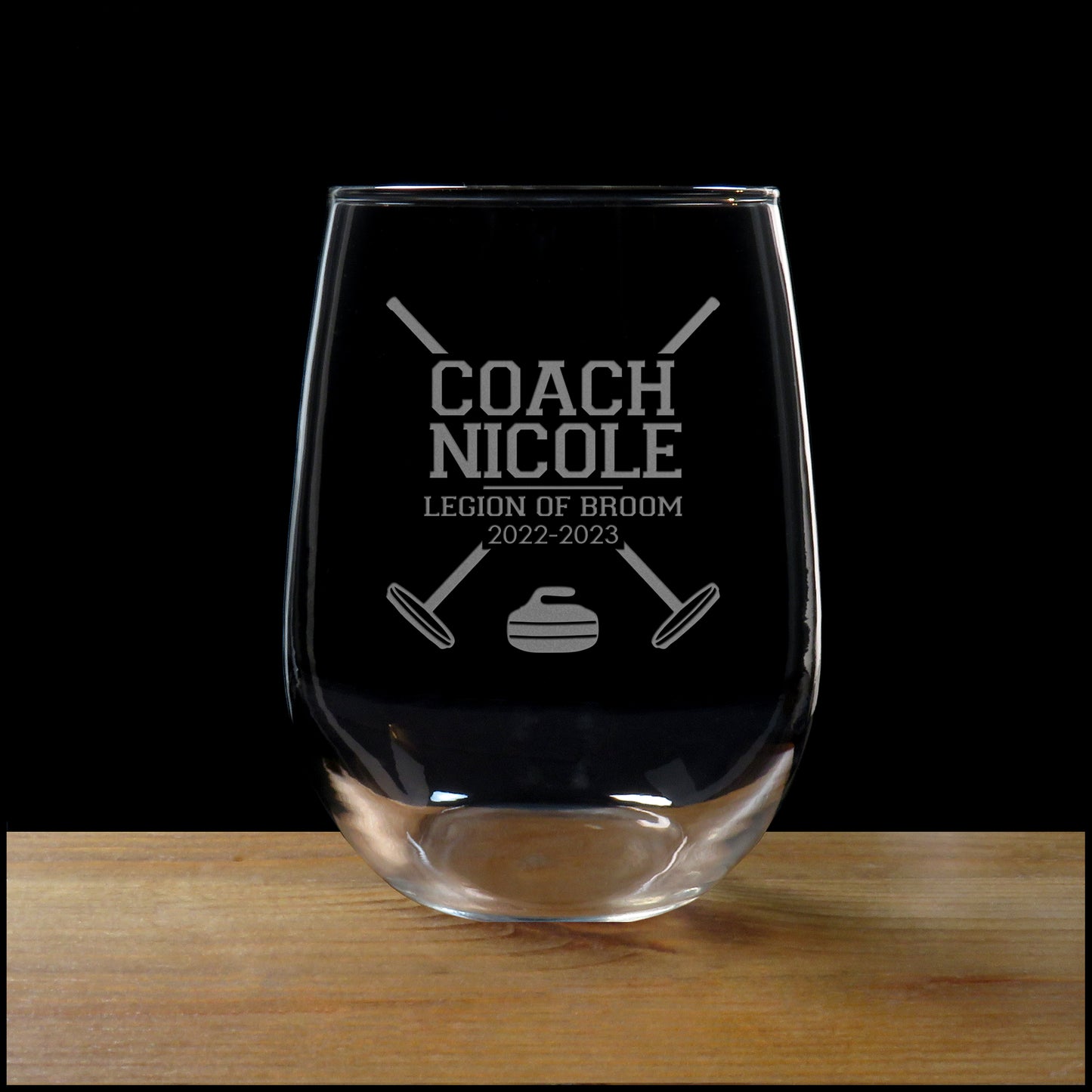 Curling Coach Stemless Wine Glass - With Team Name and Years - Copyright Hues in Glass