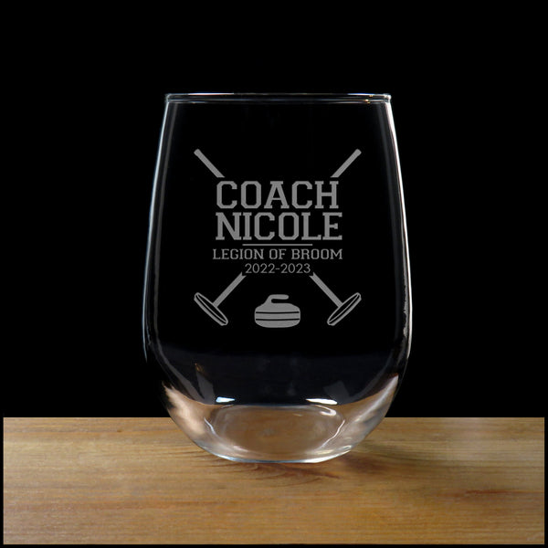 Curling Coach Stemless Wine Glass - With Team Name and Years - Copyright Hues in Glass