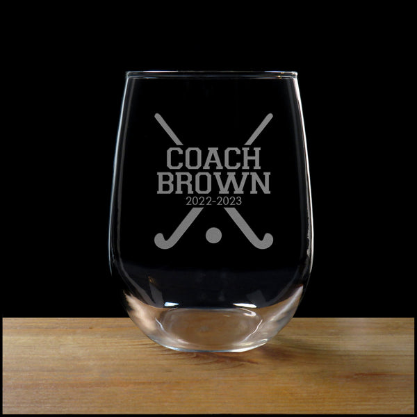 Field Hockey Coach Stemless Wine Glass - Copyright Hues in Glass