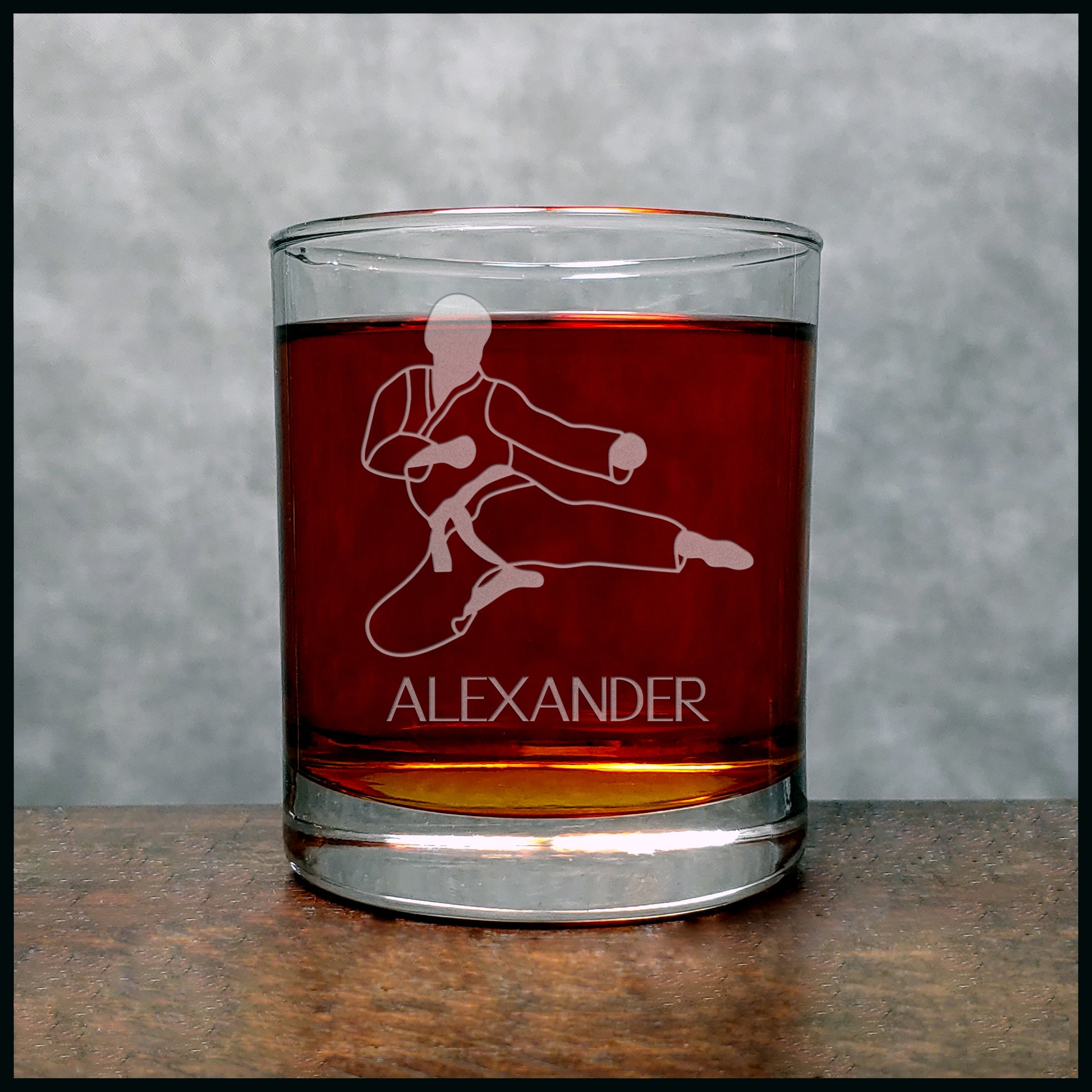 Flying Side Kick Personalized Whisky Glass - Copyright Hues in Glass
