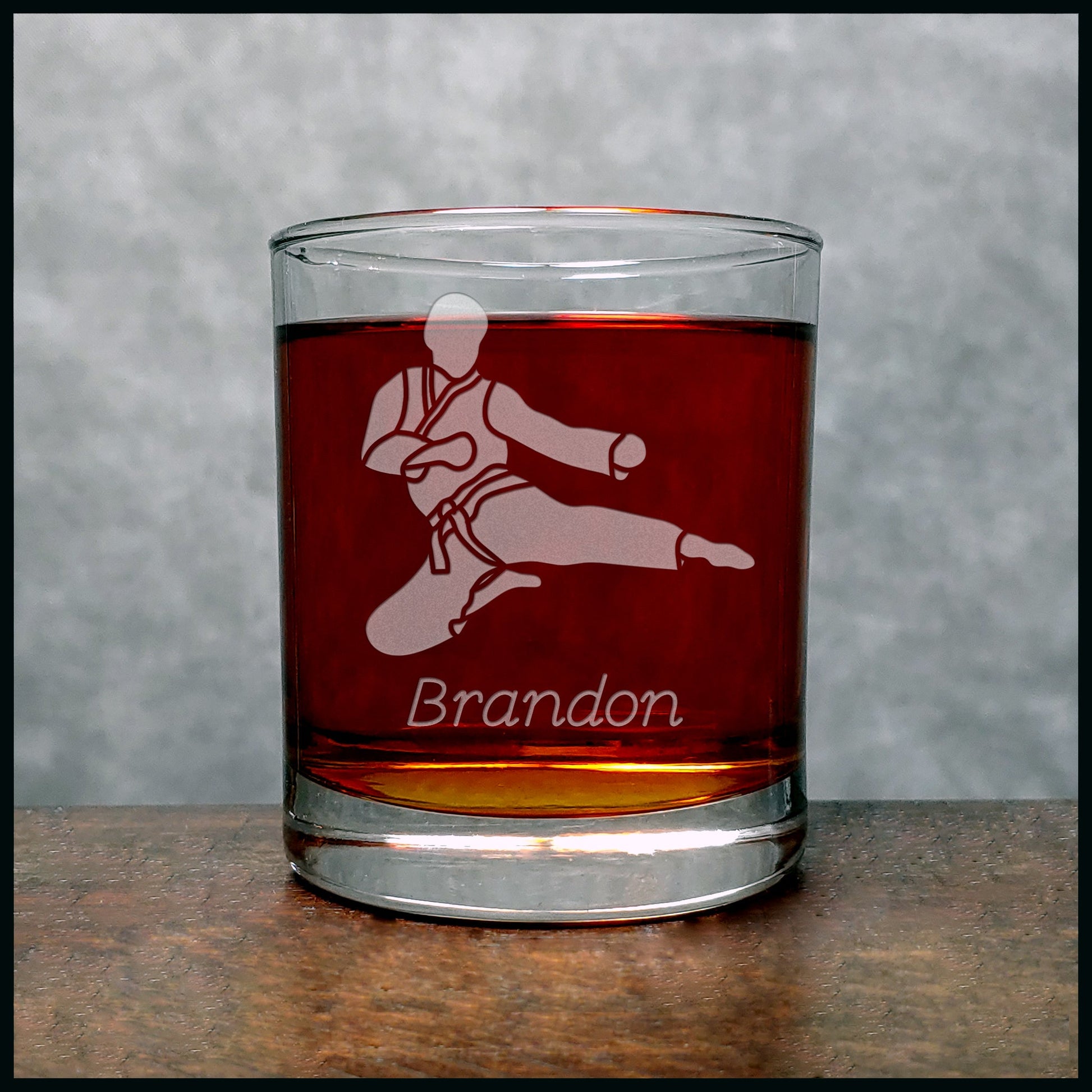 Flying Side Kick Personalized Whisky Glass - Design 2 -  Copyright Hues in Glass