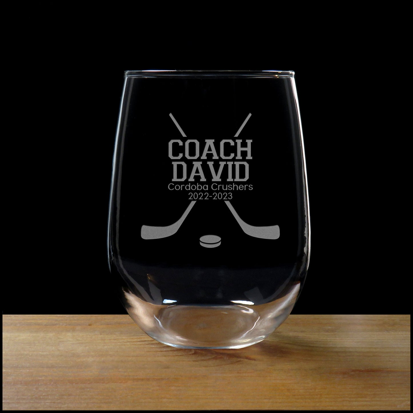 Hockey Coach Stemless Wine Glass - Copyright Hues in Glass