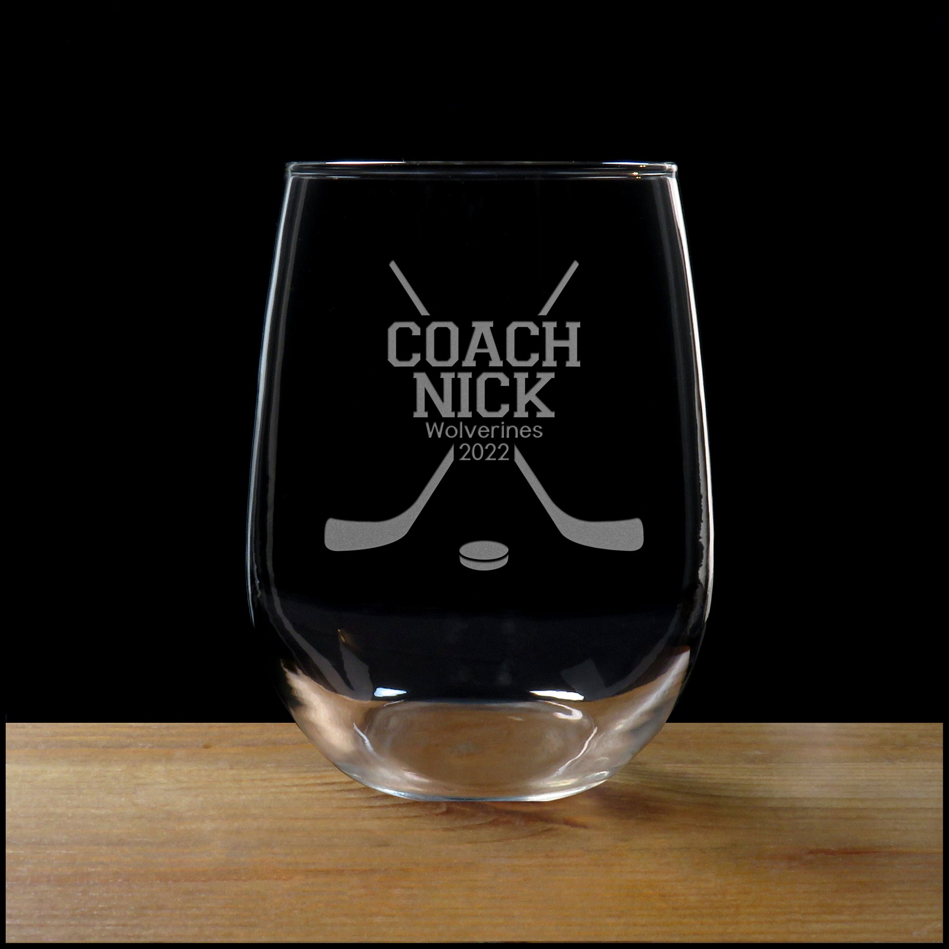 Hockey Coach Stemless Wine Glass - Copyright Hues in Glass