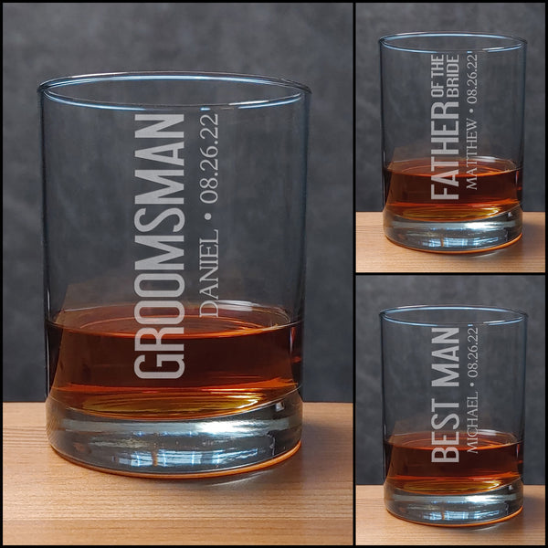 Wedding Party Whiskey Glasses - copyright Hues in Glass