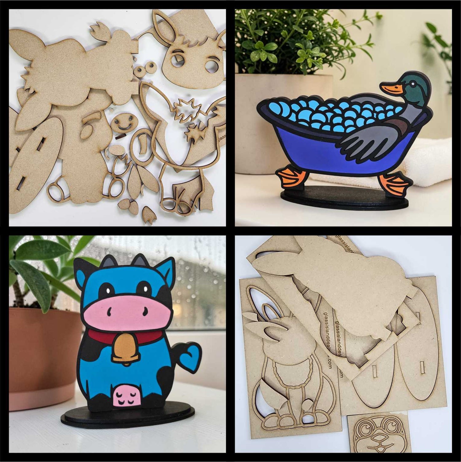 A four-panel collage shows laser-cut animal craft pieces and finished painted decor: two unfinished MDF-style wooden animal cutouts, a duck in a tub and a blue cow finished shelf sitter, all arranged on simple indoor backgrounds.