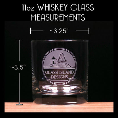 Measurements for whiskey glass - capacity 11oz  - Diameter 3.25", Height 3.5"