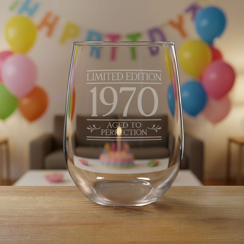 Aged to Perfection Birthday 17oz Stemless Wine Glass - Copyright Hues in Glass