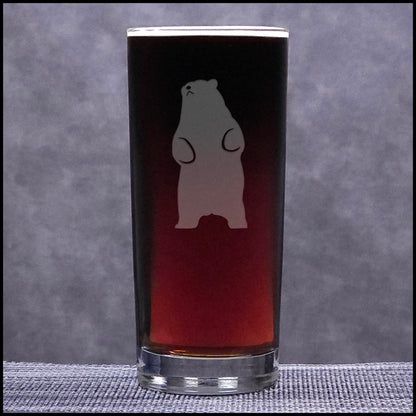 A 15.75oz Cooler Glass with an etched Bear Standing on hind legs on it - Copyright Hues in Glass