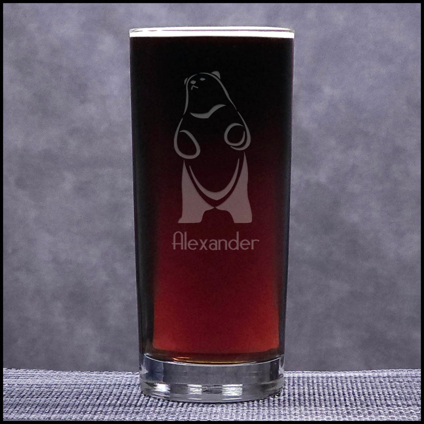 A 15.75oz Cooler Glass with an etched Bear Standing on hind legs and Personalization - Design 4 - 
Copyright Hues in Glass