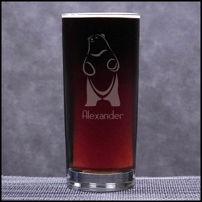 A 15.75oz Cooler Glass with an etched Bear Standing on hind legs and Personalization - Design 4 - 
Copyright Hues in Glass