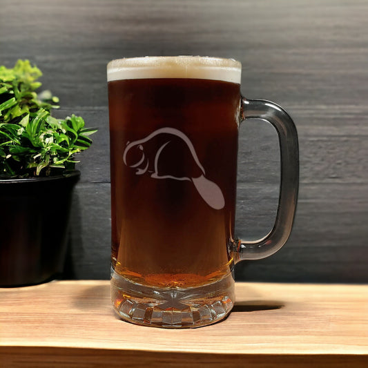 Beaver 16oz Beer Mug - Design 2 - Copyright Hues in Glass
