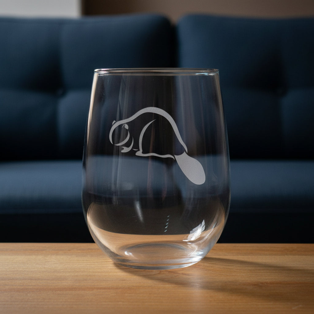 A clear stemless wine glass with a gray beaver silhouette graphic on the front, resting on a wooden surface against a blue couch.