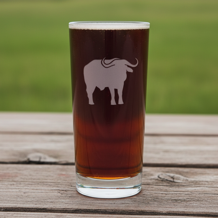 15oz Cooler  Glass with an etched image of a buffalo with a background of a field