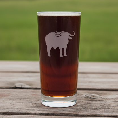15oz Cooler  Glass with an etched image of a buffalo with a background of a field