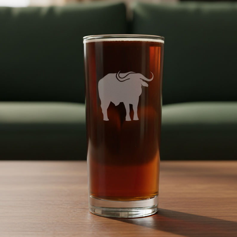 15oz Cooler Glass with an etched image of a buffalo with a green couch in the background