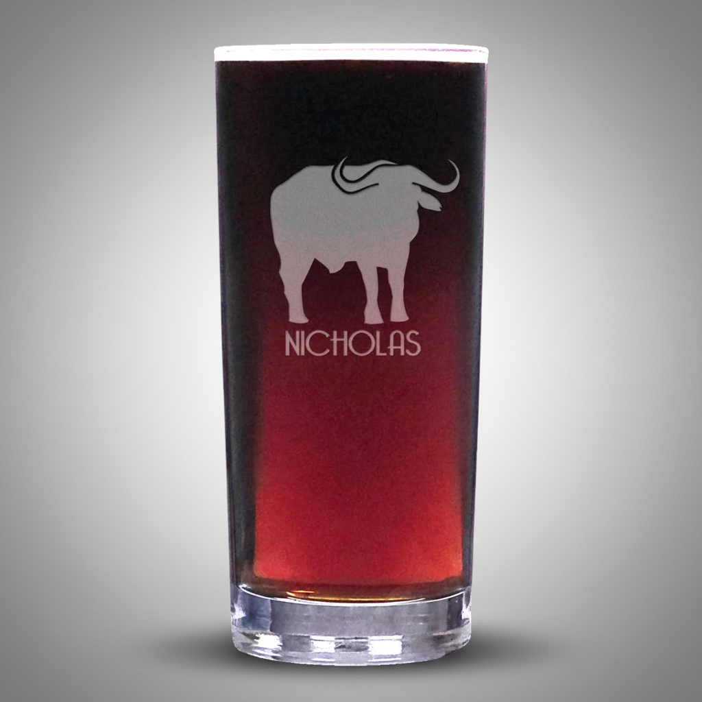 15oz Cooler  Glass with an etched image of a buffalo with a grey background 