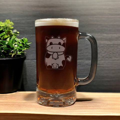 Cute Cow Beer Mug with Dark Beer - Design 2 -Copyright Hues in Glass