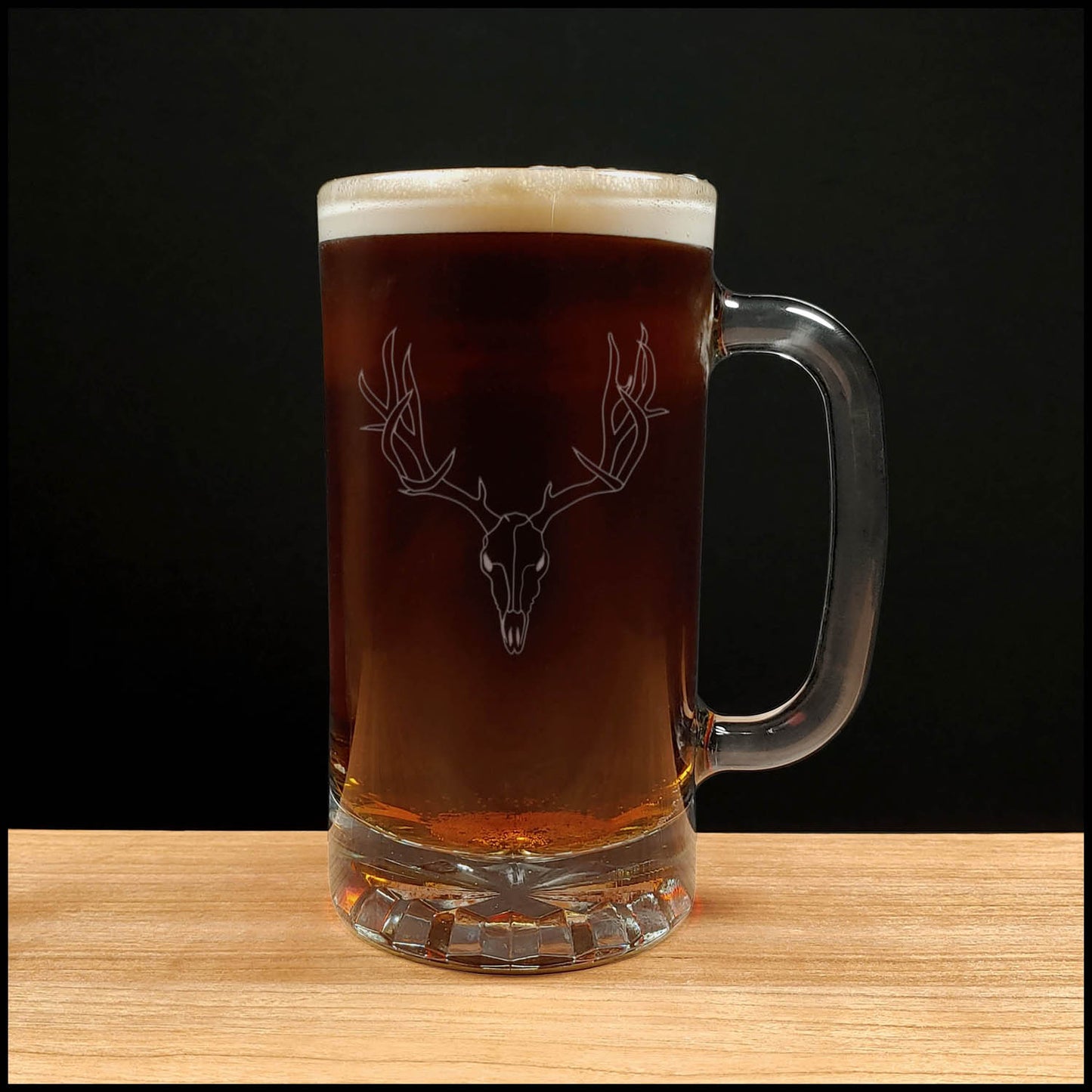 Deer Skull and Antlers Beer Mug with Dark Beer - Design 1 - Copyright Hues in Glass