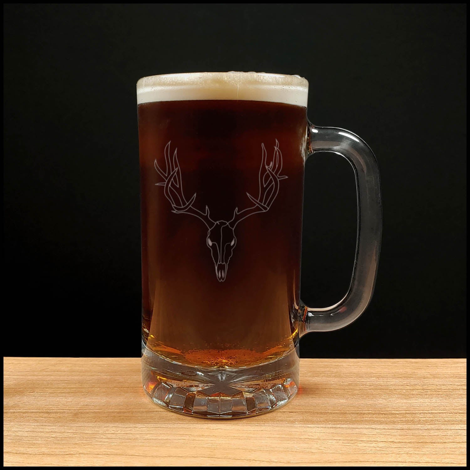 Deer Skull and Antlers Beer Mug with Dark Beer - Design 1 - Copyright Hues in Glass