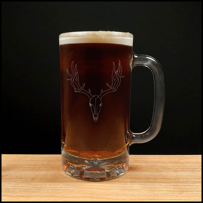 Deer Skull and Antlers Beer Mug with Dark Beer - Design 1 - Copyright Hues in Glass