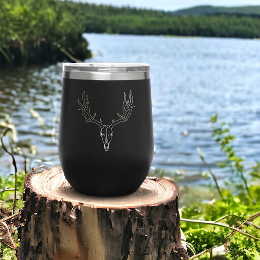 Deer Skull and Antlers 12 oz Insulated Stemless Wine Tumbler Stainless Steel