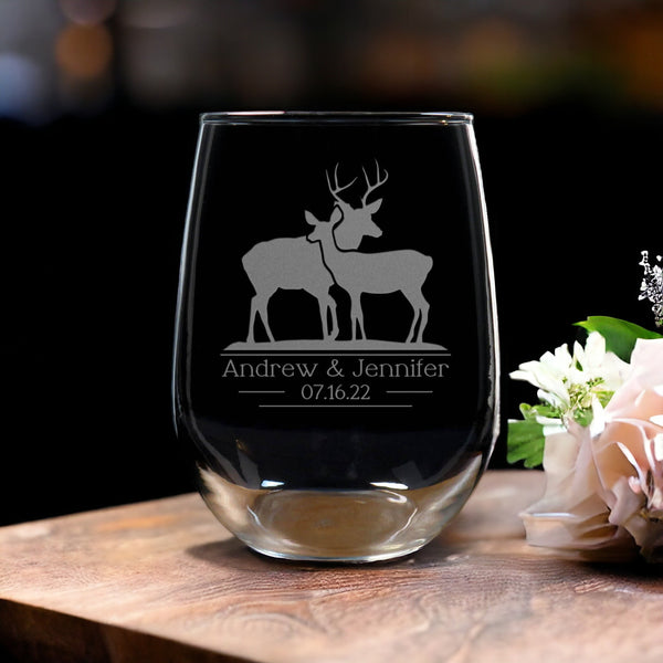 Stag and Doe 17oz Stemless Wine Glass - Gift for the Bride and Groom - Set of 2 Sandblasted Personalized Glasses