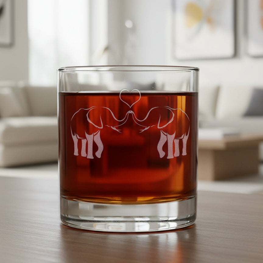 A clear glass rocks tumbler with an etched design of two elephants facing each other with a heart-shaped trunk touch, shown filled with an amber-red liquid against a living room