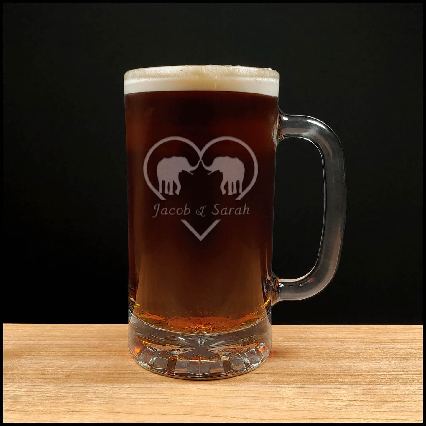 Elephants in Love Beer Mug - Design 
3 - with names - Copyright Hues in Glass