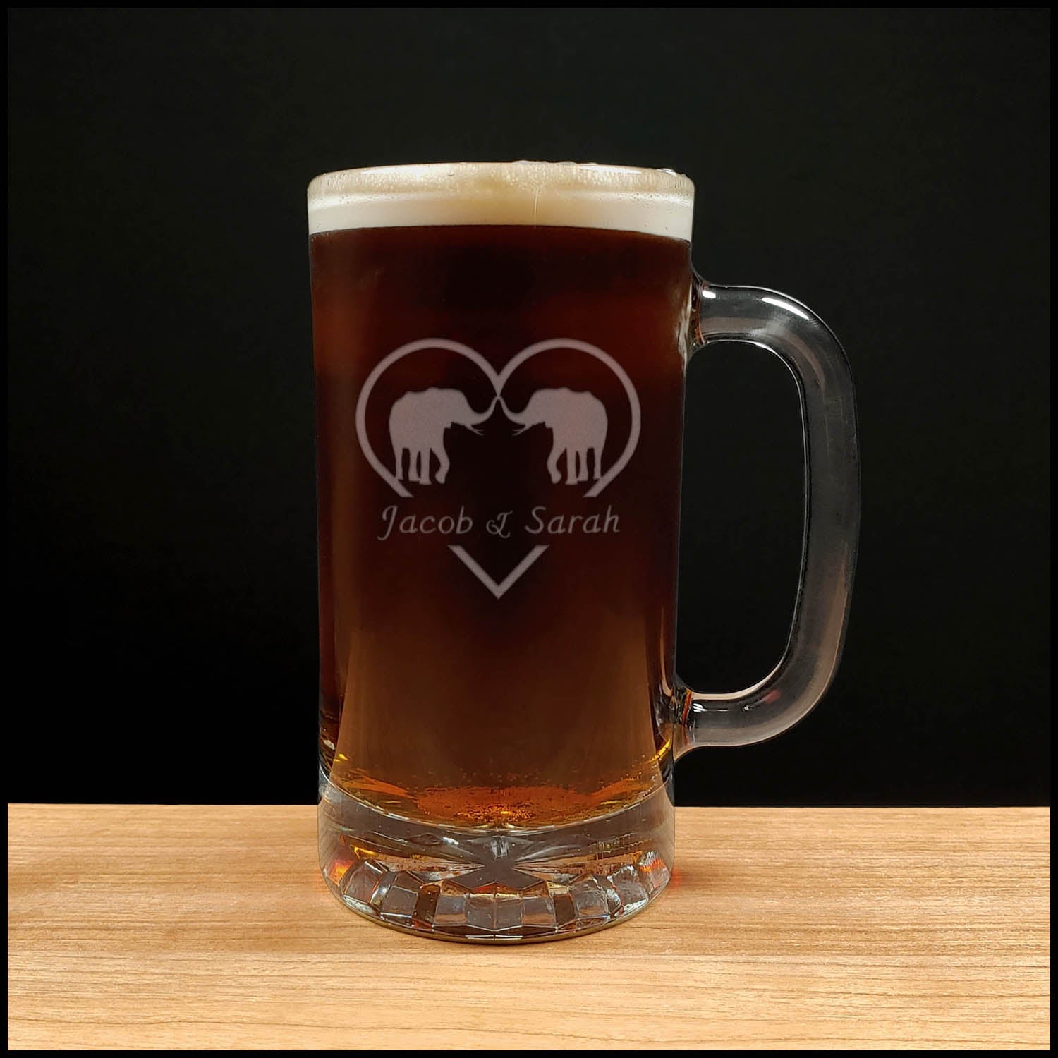 Elephants in Love Beer Mug - Design 
3 - with names - Copyright Hues in Glass