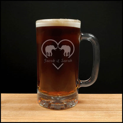 Elephants in Love Beer Mug - Design 
3 - with names - Copyright Hues in Glass