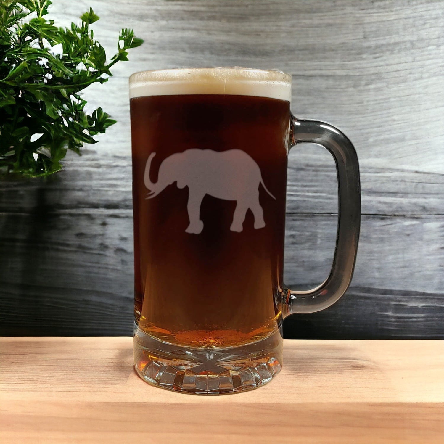 Elephant Beer Mug with Dark Beer - Design 3 - Copyright Hues in Glass