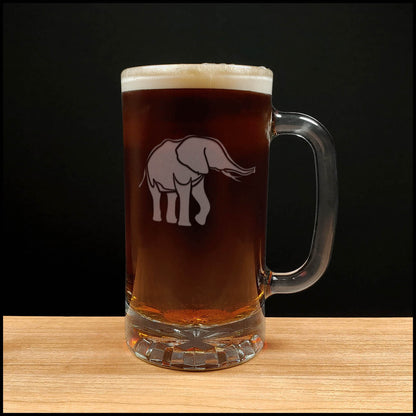Elephant Beer Mug wit a Deeply etched with sandblasting for a permanent finish, perfect for animal lover gifts or safari themed barware.Copyright Hues in Glass