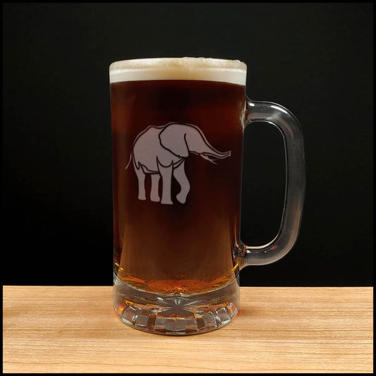 Elephant Beer Mug wit a Deeply etched with sandblasting for a permanent finish, perfect for animal lover gifts or safari themed barware.Copyright Hues in Glass