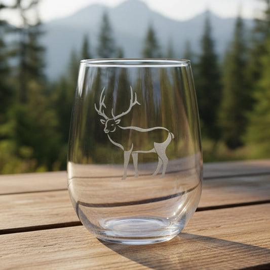 17oz Stemless Wine Glass with an etched image of an elk etched image with a background of a misty forest