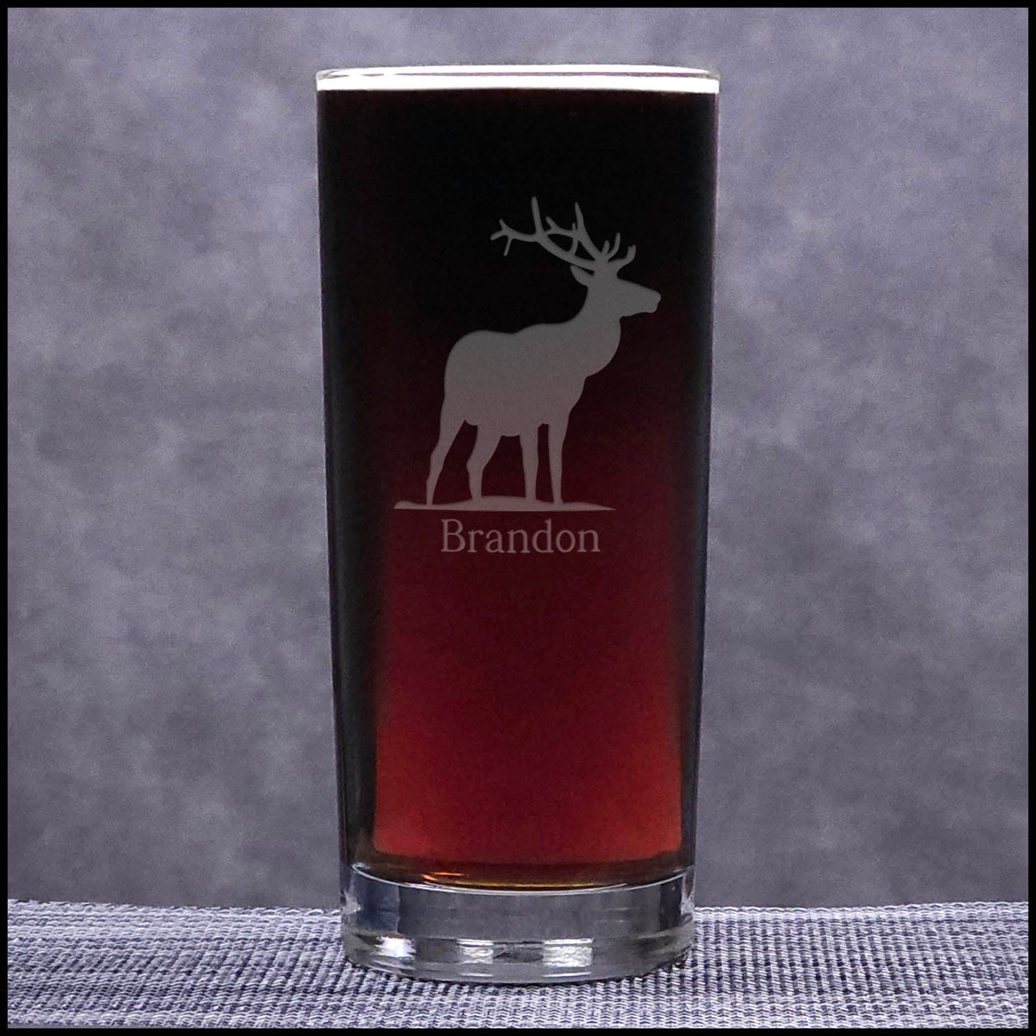 A 15.75oz Cooler Glass with an etched Elk and Personalization - Design 5 - Copyright Hues in Glass