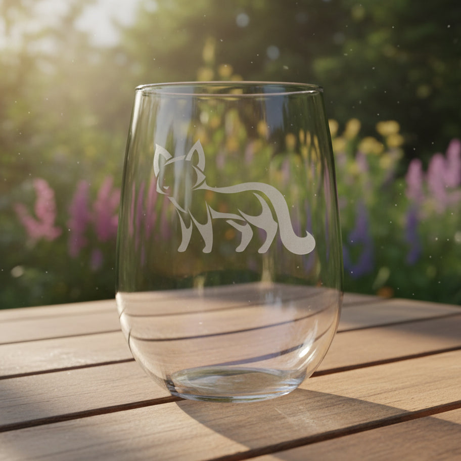 17oz Stemless Wine Glass with an etched image of an fox etched image with a background of a misty garden 