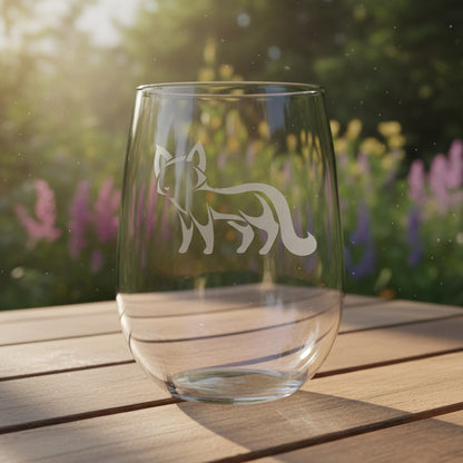 17oz Stemless Wine Glass with an etched image of an fox etched image with a background of a misty garden 