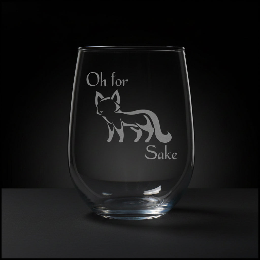 17oz Stemless Wine Glass with an etched image of a fox, on a black background