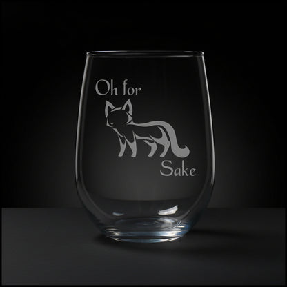 17oz Stemless Wine Glass with an etched image of a fox, on a black background