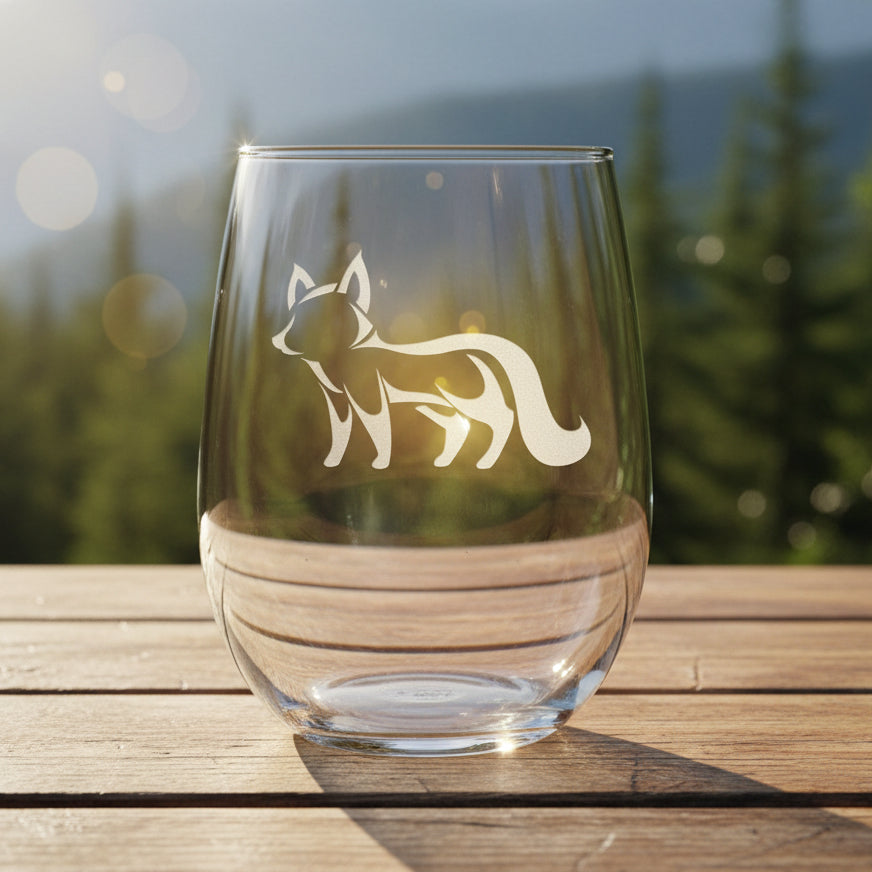 17oz Stemless Wine Glass with an etched image of an fox etched image with a background of a misty forest
