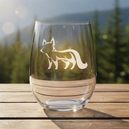 17oz Stemless Wine Glass with an etched image of an fox etched image with a background of a misty forest