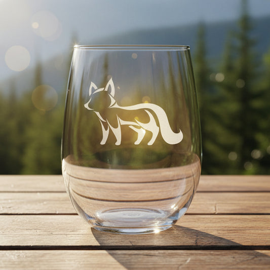 17oz Stemless Wine Glass with an etched image of an fox etched image with a background of a misty forest