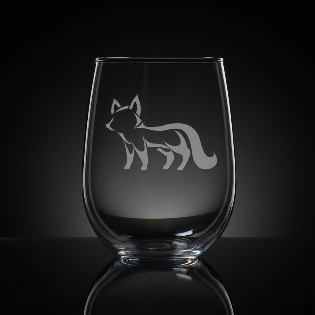 17oz Stemless Wine Glass with an etched image of a fox on a black background