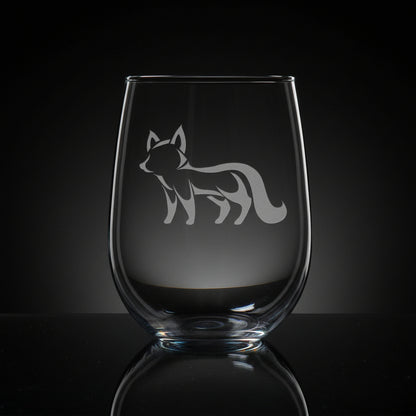 17oz Stemless Wine Glass with an etched image of a fox on a black background