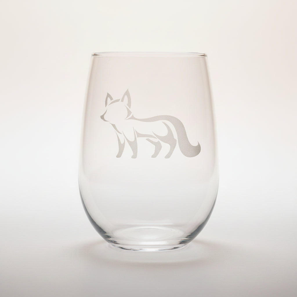 17oz Stemless Wine Glass with an etched image of a fox on a white background