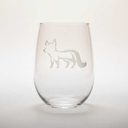 17oz Stemless Wine Glass with an etched image of a fox on a white background