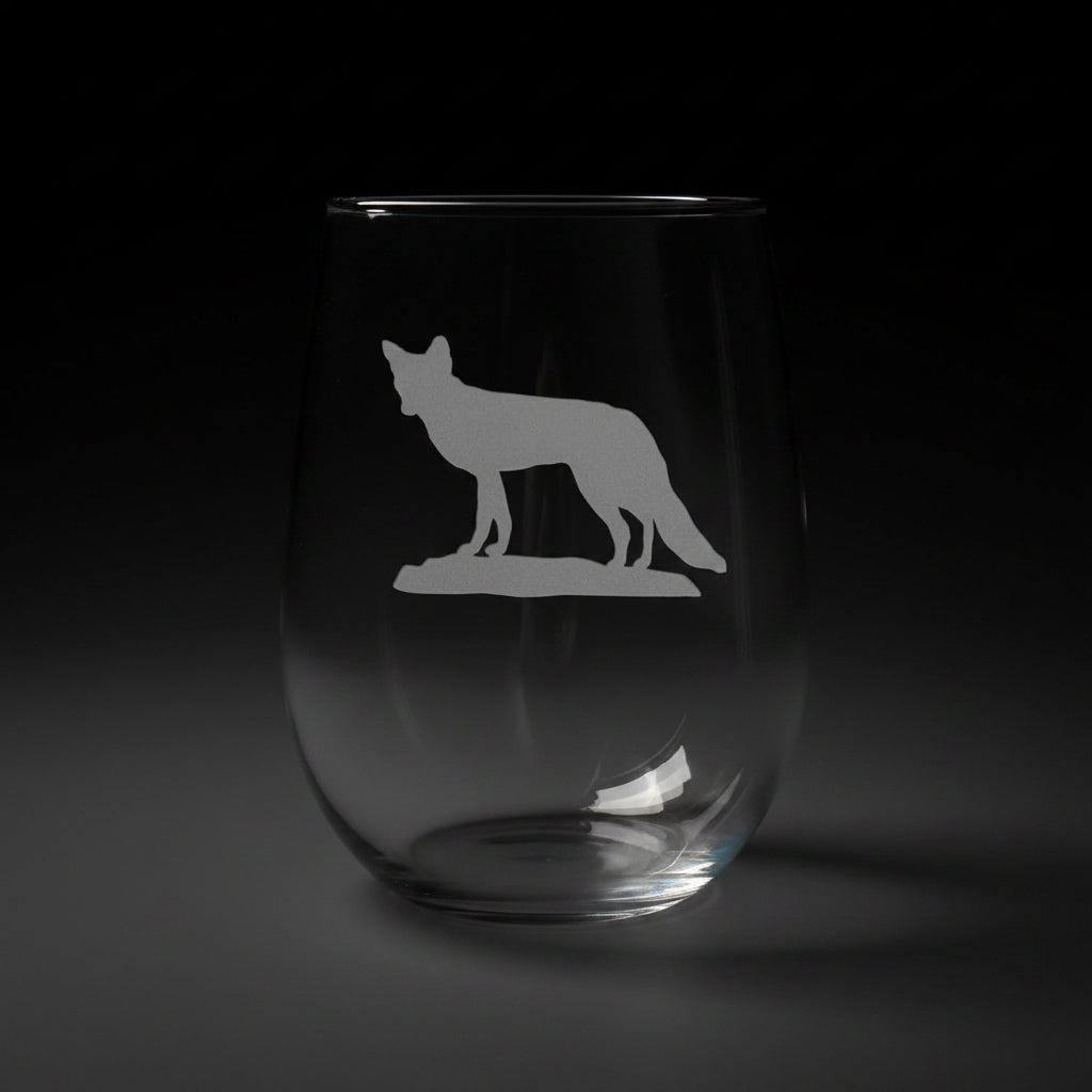 17oz Stemless Wine Glass with an etched image of a fox 
and a green couch in the background
