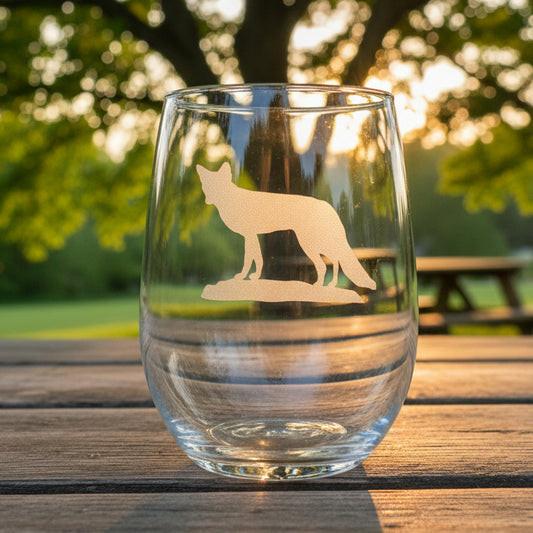 17oz Stemless Wine Glass with an etched image of an fox with a background of a tree and picnic area