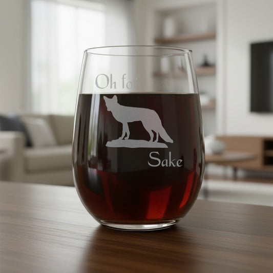A stemless wine glass filled with red wine sits on a wooden table in a blurred living room setting. The glass is etched with a fox silhouette and the words 'Oh for Sake'.